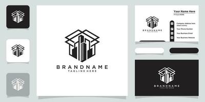 Cube building logo design element ,Building logo ,Cube icon with business card design Premium Vector