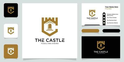 Vector illustration of castle logo design emblem, palace, fortress and business card design template Premium Vector