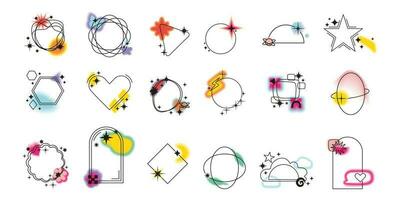 estético y2k marco elementos colocar. arcos y círculos con aura efecto incluyendo corazón, mariposa, estrella simbolos valores vector ilustración en sencillo 2000 estilo aislado en blanco antecedentes