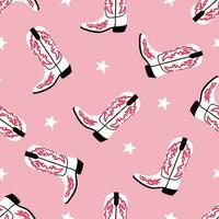 Seamless pattern with cowboy boots and stars. Western style. Vector illustration. Pink background