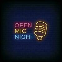 Neon Sign open mic night with brick wall background vector