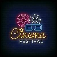 Neon Sign cinema festival with brick wall background vector