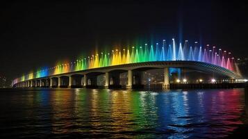 Fountain on the Banpo Bridge in Seoul South Korea at night. Generative Ai photo