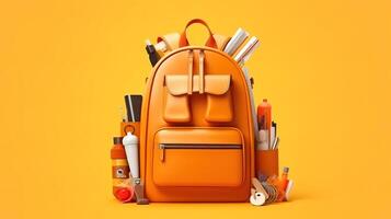 Full school backpack with different supplies on orange, concept back to school. photo