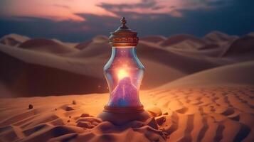 Lamp of wishes on sand in desert genie coming out of the bottle, bright color. photo