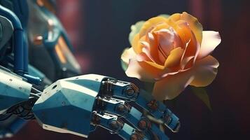CLOSE-UP OF robot hand holding flower illustration. photo