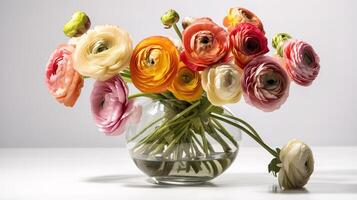 An illustration of a bouquet of ranunculus in shades of pink and orange. photo