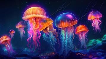 Jellyfishes Swimming In Sea. photo