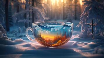 Cup with snags and can on wood table near bank of snow, plant twig. photo