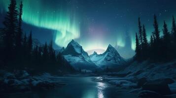 Aurora borealis northen light and icebergs in Jokulsarlon glacial lagoon. photo