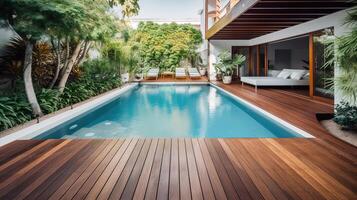 Swimming pool and decking in garden of luxury home, bright color. Generative Ai photo