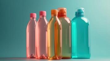 Many plastic containers of different shapes and colors isolated on white background. photo