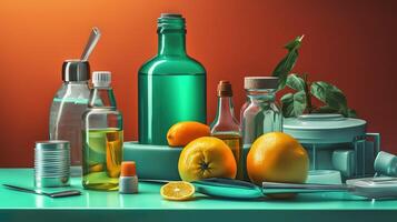 Pills, tablets and sthetoscope on blue background. photo