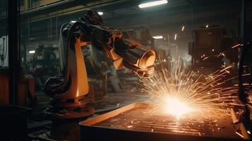 Hand of robot working steel welding building electronic machine in factory. photo