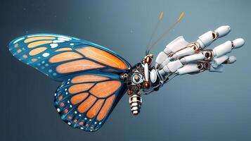 3d render of an orange butterfly sitting on a detailed robotic forefinger. photo