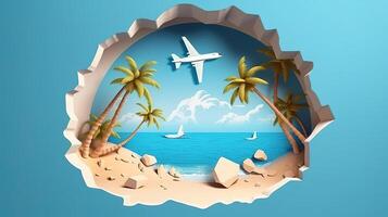 Planes break through paper and make a hole through which a tropical dream beach. photo