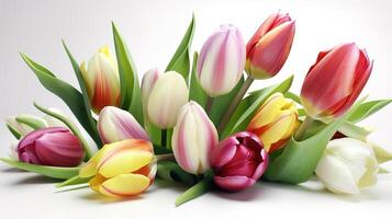 Enjoy the delicate charm of tulips, white background. photo