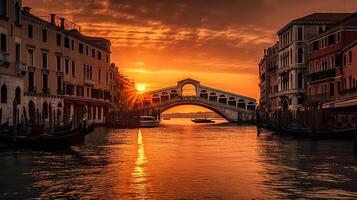 el rialto puente a amanecer uno de el más visitó monumentos de Venecia Italia. generativo ai foto