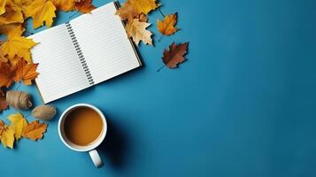 Flat lay autumn journey elements composition. photo
