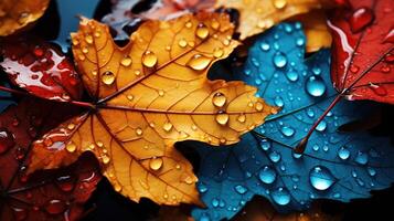 Autumn leaves on the window with rain drops, Blurred background. photo