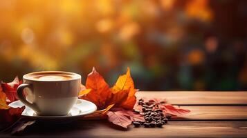 Coffee and autumn maple leaves composition. photo