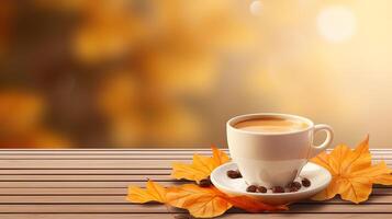 Autumn coffee or tea in a cup on a wooden table against the background. photo