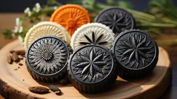 Sweet collection of decorative desserts with chocolate patterns. photo