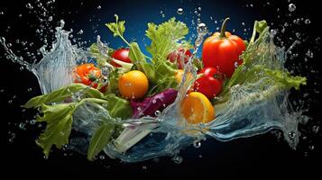 Three bell peppers falling into the splash water. photo