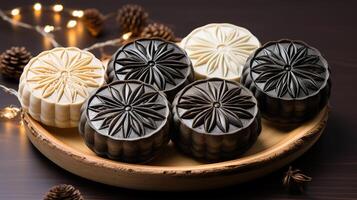 Black Sesame and Pecan Snowskin Mooncakes. photo