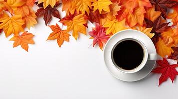 Mug with drink on autumn leaves. photo