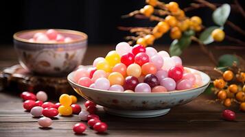 Fluffy marshmallows stack on bright candy bowl. photo