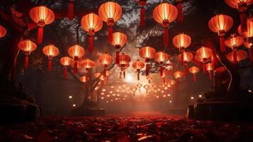 Red lanterns in traditional Chinese festival. Generative Ai photo