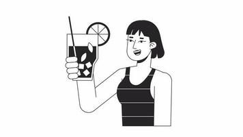 Girl cheers mojito drink bw outline cartoon animation. Female at bar partying 4K video motion graphic. Woman drinking on beach 2D monochrome linear animated character isolated on white background