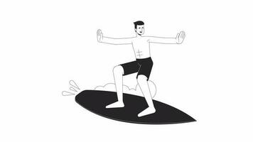 glücklich Surfer Mann auf Welle bw Gliederung Karikatur Animation. surfen welle 4k Video Bewegung Grafik. asiatisch männlich mit Surfen Tafel 2d einfarbig linear animiert Charakter isoliert auf Weiß Hintergrund
