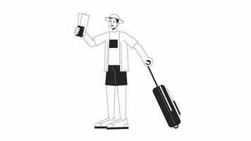 Traveler with airline tickets carrying baggage bw outline cartoon animation. Vacation 4K video motion graphic. Airport travelling 2D monochrome linear animated character isolated on white background