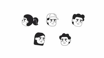 Young adults nodding head satisfied bw 2D avatars icons animation pack. Outline cartoon 4K video collection, alpha channel. Cheerful animated people facial expressions isolated on white background
