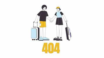 Couple on vacation 404 error animation. Honeymoon error message gif, motion graphic. Afro hair man and asian woman holding hands animated cartoon line characters 4K video isolated on white background