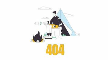 Camping with toasted marshmallow 404 error animation. Forest vacation error message gif, motion graphic. Hiking in fall. Guy hiker animated cartoon line character 4K video isolated on white background