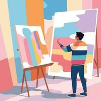 Vector of a man admiring a painting on an easel in an art studio