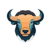 Vector of a flat, minimalist depiction of a bulls head with striking horns against a clean white background