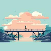 Vector of a person crossing a picturesque bridge over a serene river