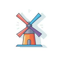 Vector of a vibrant windmill with two colorful blades spinning against a flat landscape