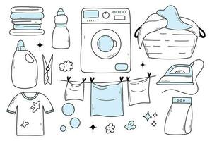 Set of laundry items in doodle style. Linear collection of laundry items. Vector illustration. Isolated elements on a white background.