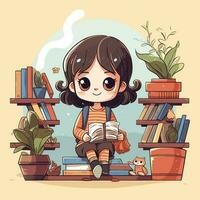 Vector of a young girl engrossed in reading a book on a bookshelf