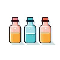 Vector of three flat bottles with various colored liquids inside