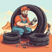 Vector of a man sitting on top of a stack of tires