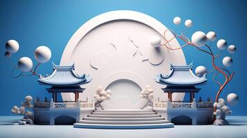 3d render of blue geometric podium and chinese decoration. photo