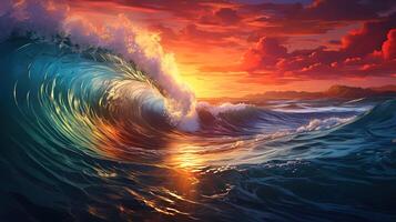 Sun back on sunset sky horizon wave on surface sea. photo