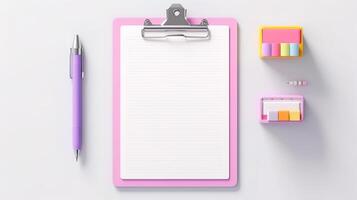 Clipboard with office supplies on white table. photo
