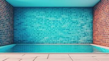Swimming pool deck in brick wall garden. photo